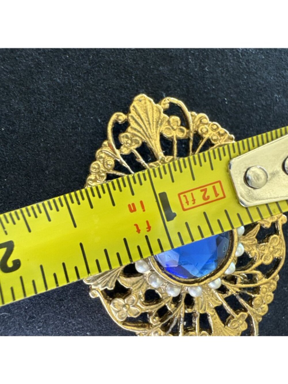 Vtg Gold-Tone Brooch Blue Faceted Glass Stone Faux Pearl Accents Floral Filigree - Picture 3 of 11